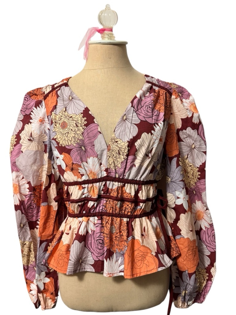 Listicle Boho Floral V-Neck Peplum Blouse - Burgundy, Orange & Cream Size L NWT